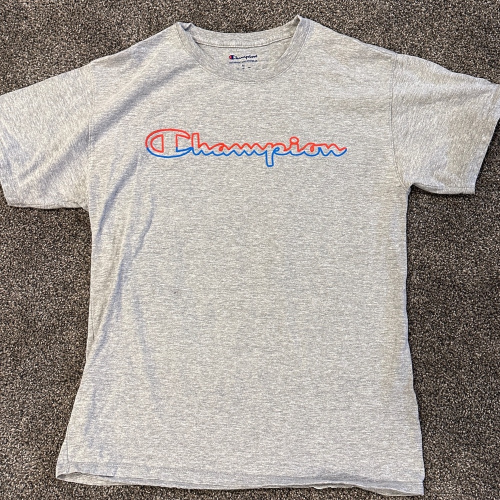 Like New Champion Men's SS Gray Tee w Red & Blue Cursive Logo, Medium